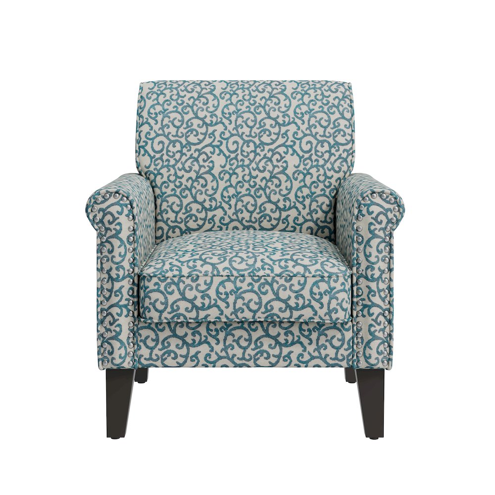 Jean Rolled Arm Chair with Nailheads in Blue Curly Vine