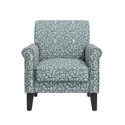 Jean Rolled Arm Chair with Nailheads in Blue Curly Vine
