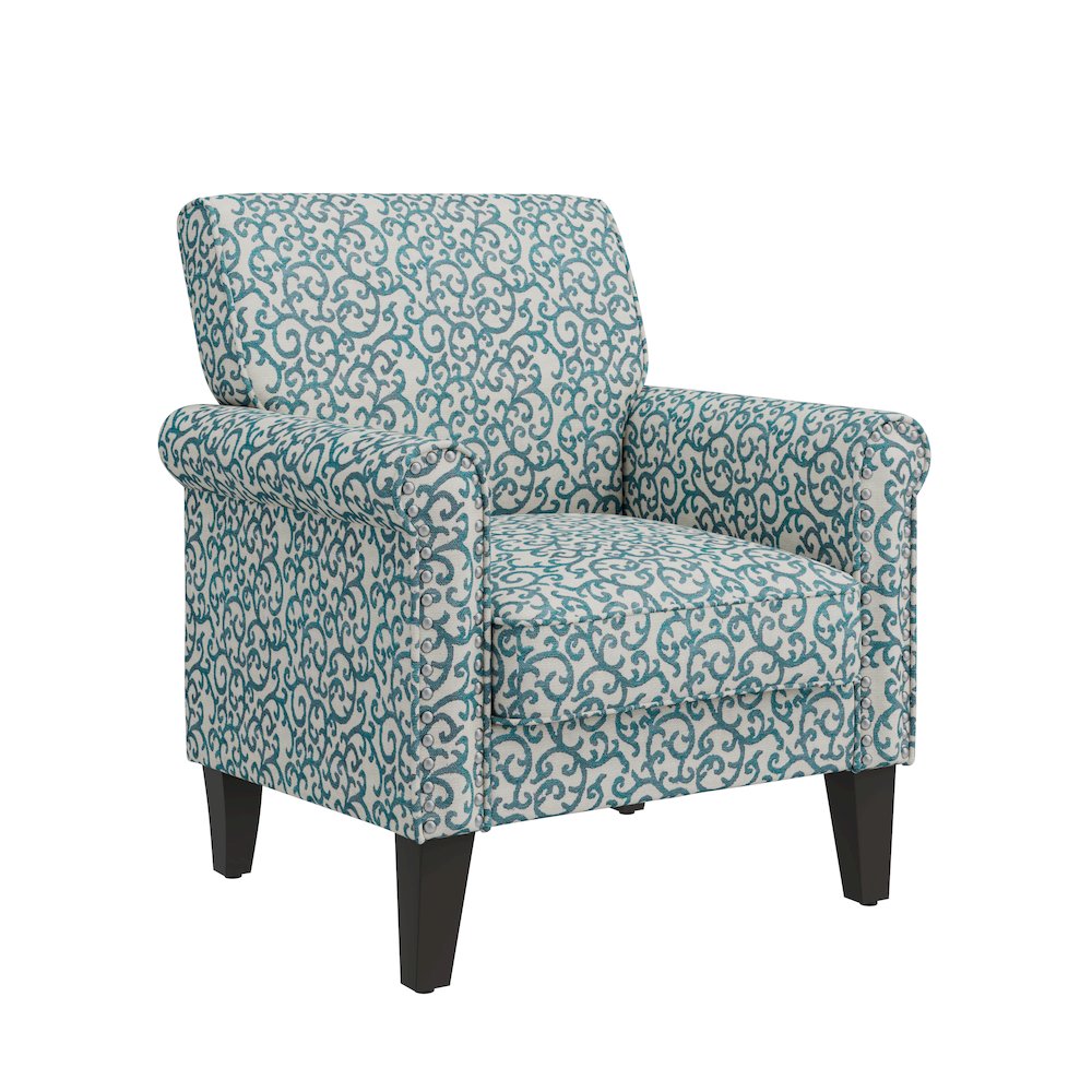Jean Rolled Arm Chair with Nailheads in Blue Curly Vine