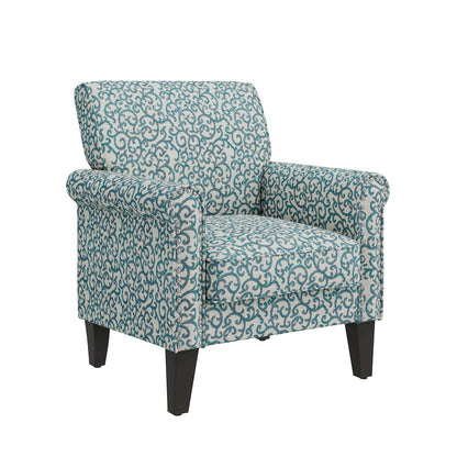 Jean Rolled Arm Chair with Nailheads in Blue Curly Vine
