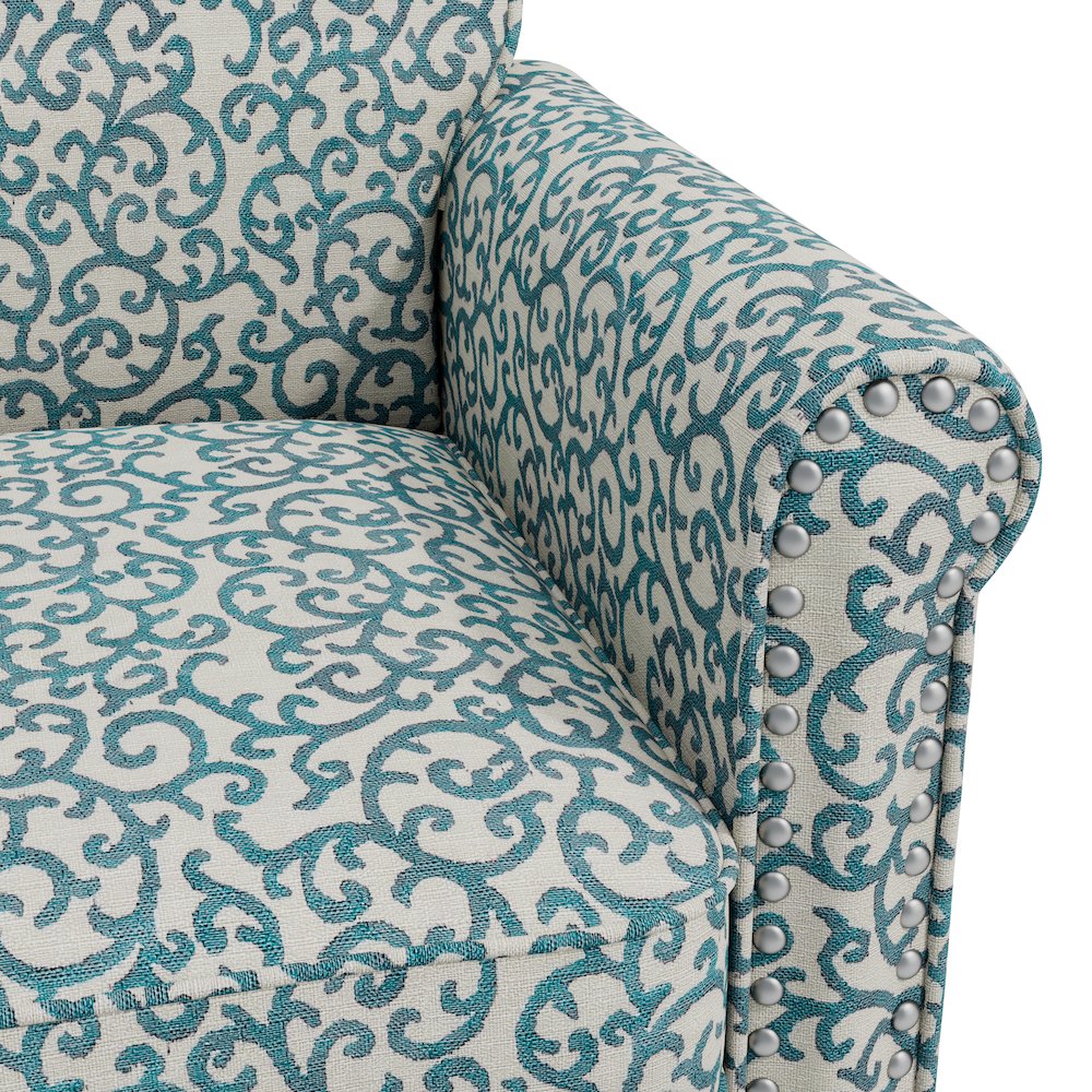 Jean Rolled Arm Chair with Nailheads in Blue Curly Vine