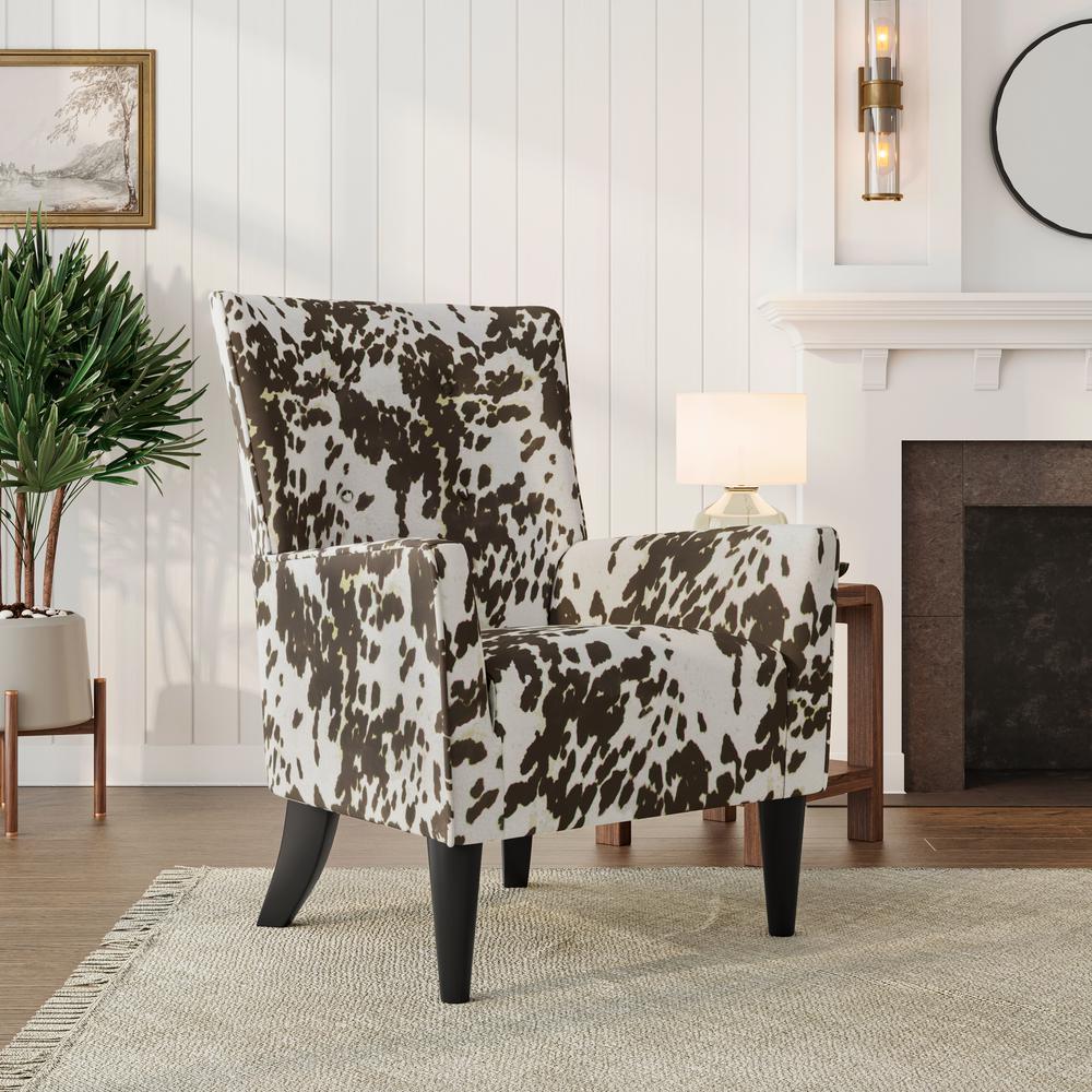 Shelter High Back Wingback Chair in Velvet Brown Cow Print