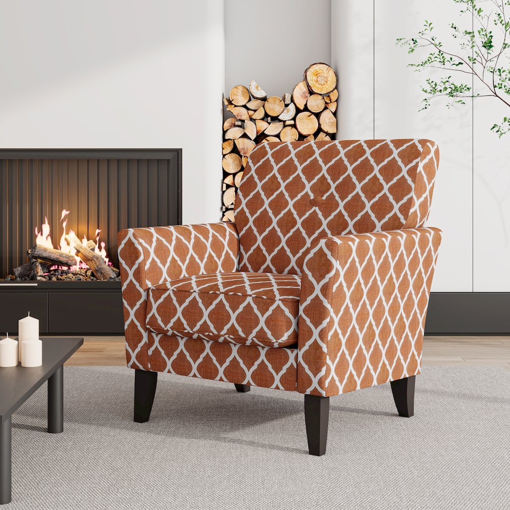 Alex Transitional Flared Arm Armchair in Orange Trellis