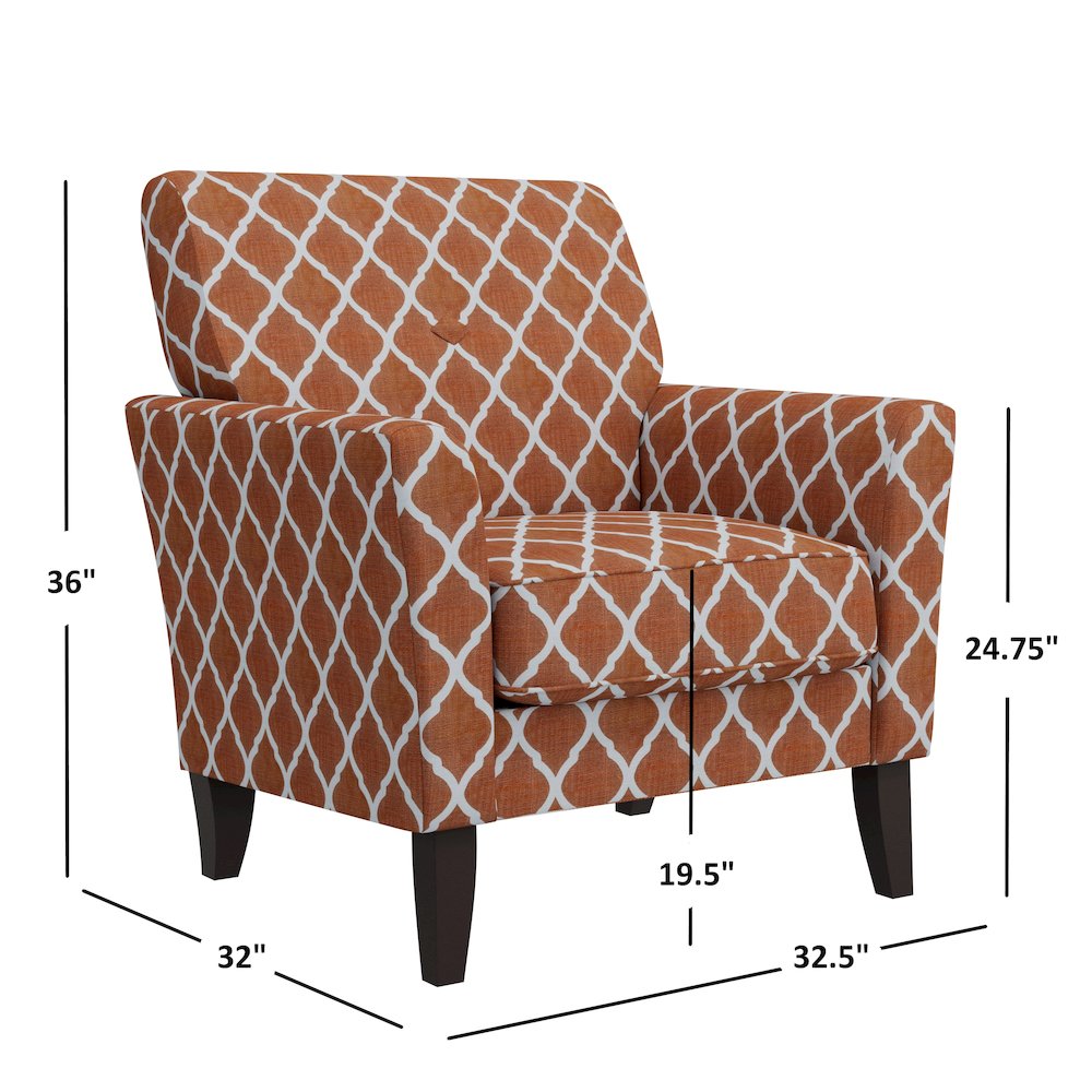 Alex Transitional Flared Arm Armchair in Orange Trellis