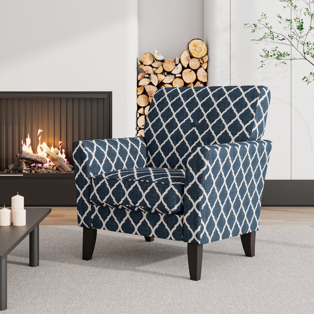 Alex Transitional Flared Arm Armchair in Blue Trellis