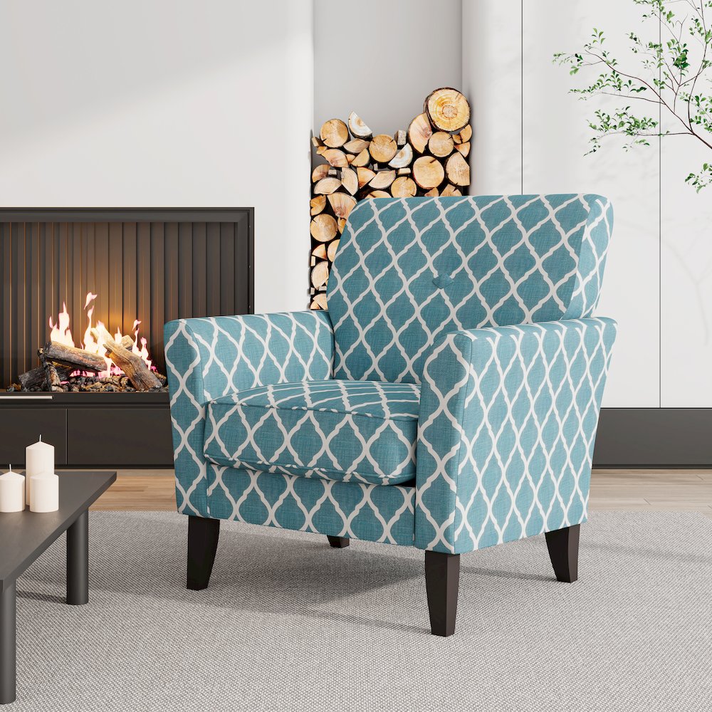 Alex Transitional Flared Arm Armchair in Turquoise Trellis