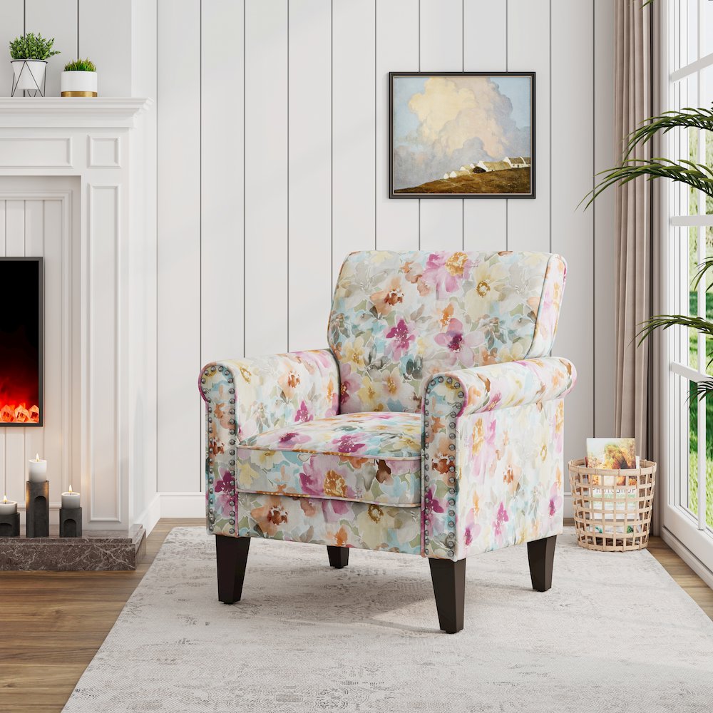 Rolled Arm Chair with Nailheads in Pastel Pink Floral
