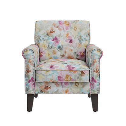 Rolled Arm Chair with Nailheads in Pastel Pink Floral