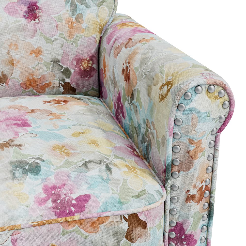 Rolled Arm Chair with Nailheads in Pastel Pink Floral