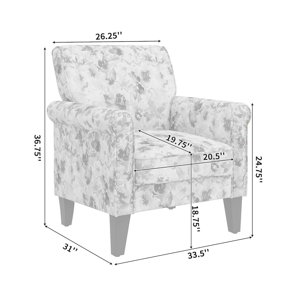 Rolled Arm Chair with Nailheads in Pastel Pink Floral