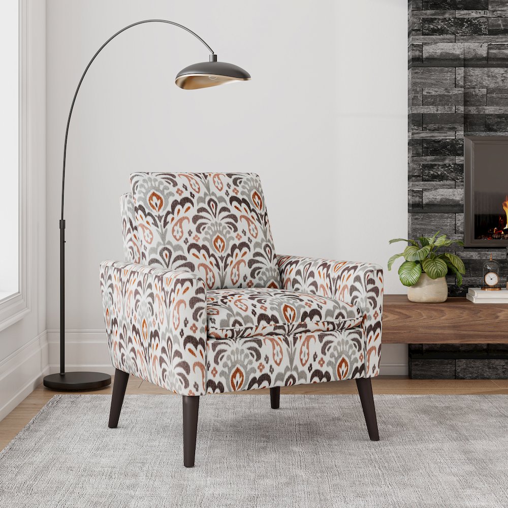 Mid-Century Modern Armchair in Amber and Gray Damask