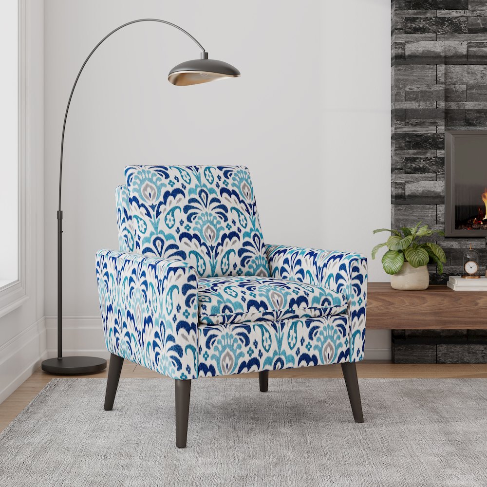 Mid-Century Modern Armchair in Cobalt Blue and Gray Damask