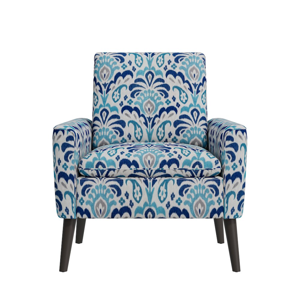 Mid-Century Modern Armchair in Cobalt Blue and Gray Damask
