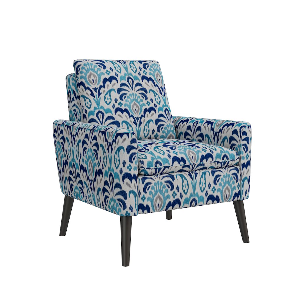 Mid-Century Modern Armchair in Cobalt Blue and Gray Damask