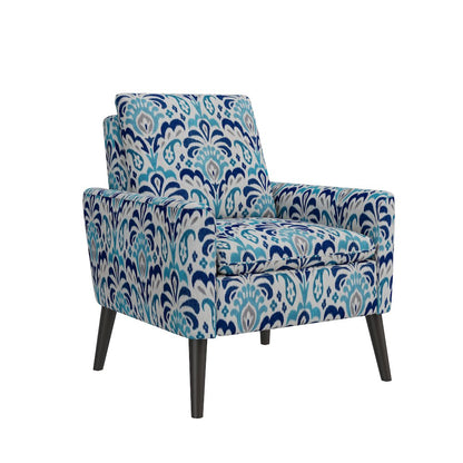 Mid-Century Modern Armchair in Cobalt Blue and Gray Damask