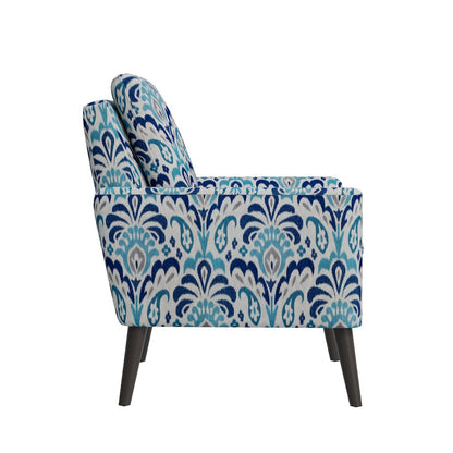Mid-Century Modern Armchair in Cobalt Blue and Gray Damask