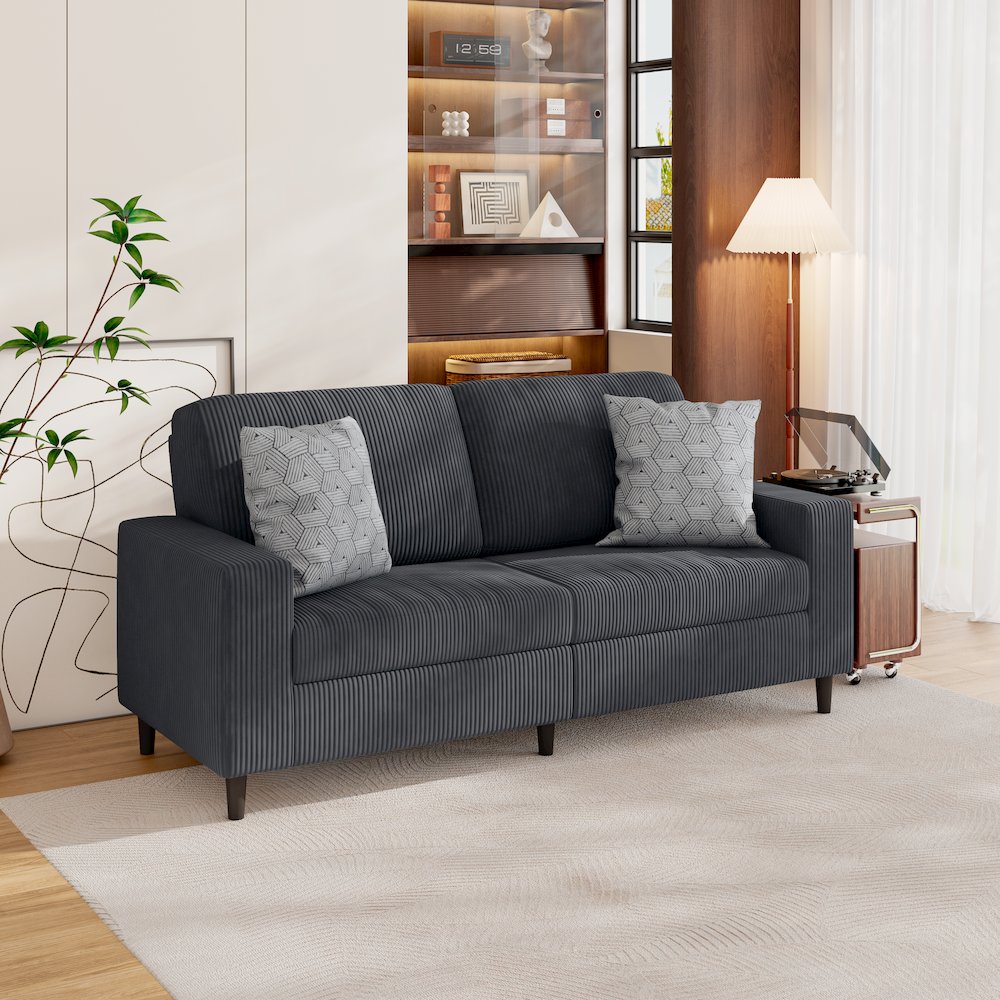 Small Space Sofa in Soft Comfy Charcoal Gray Corduroy Fabric