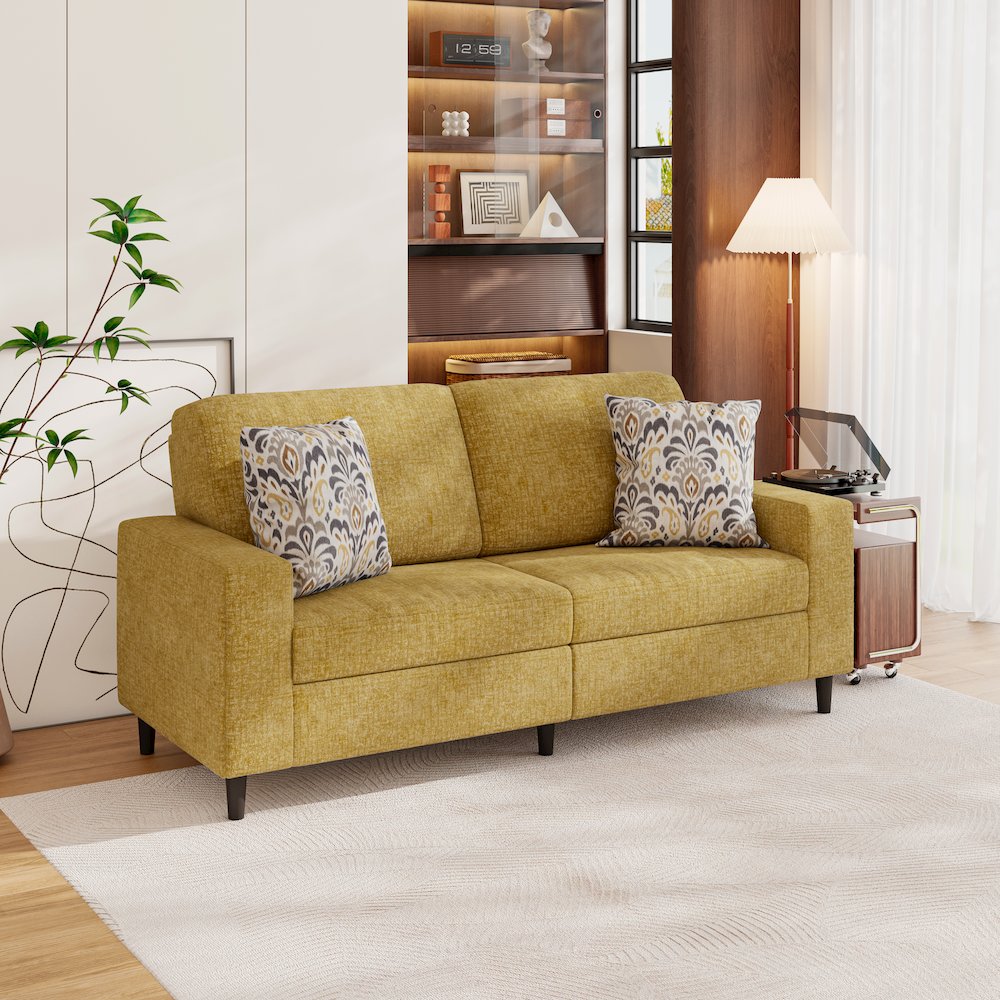 Small Space Sofa in Textured Mustard Yellow Chenille Fabric