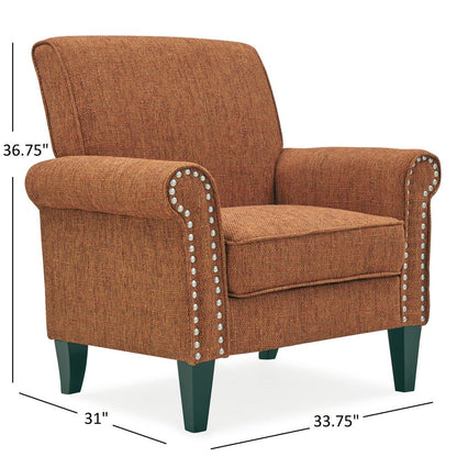 Traditional Armchair with Nailheads in Orange Tweed
