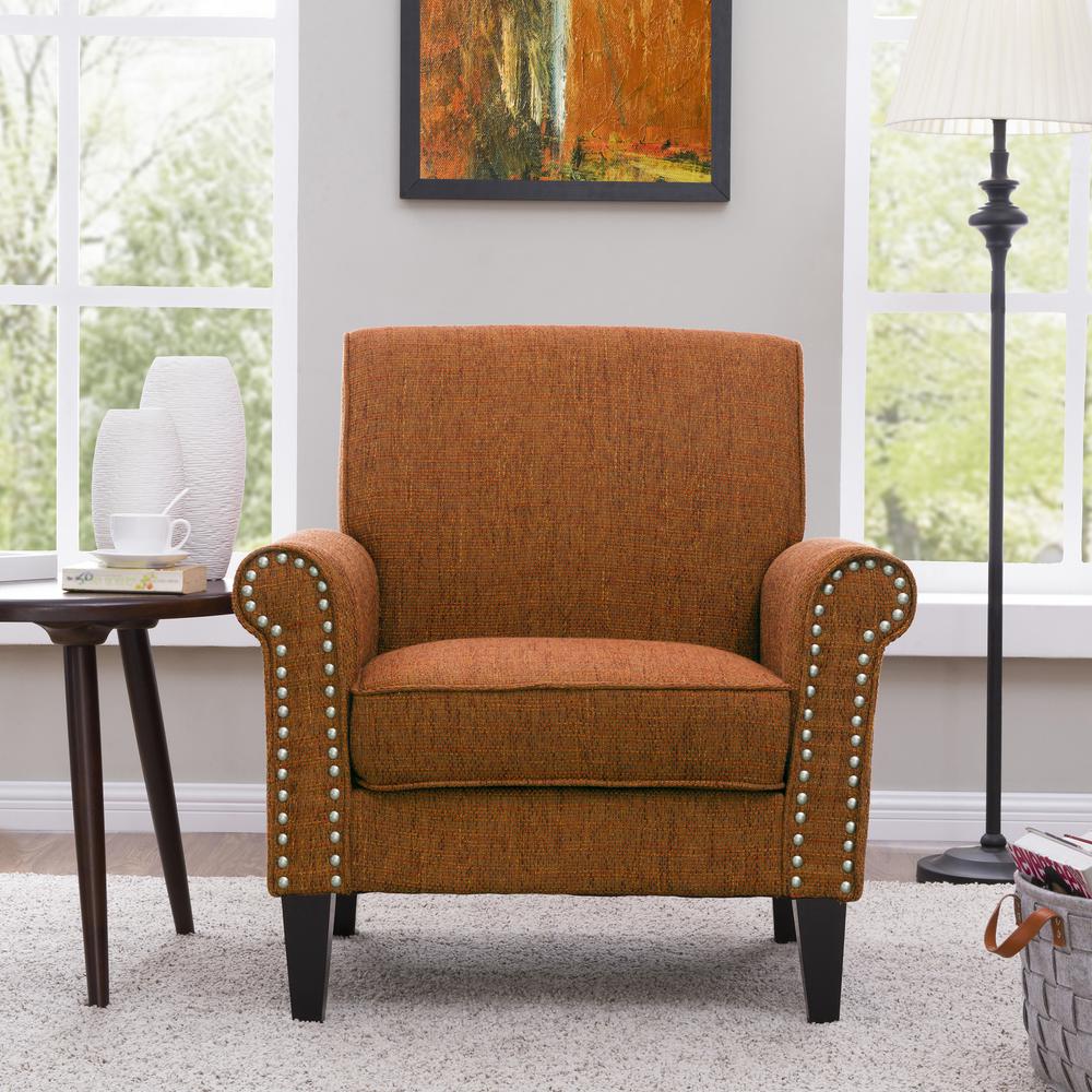 Traditional Armchair with Nailheads in Orange Tweed