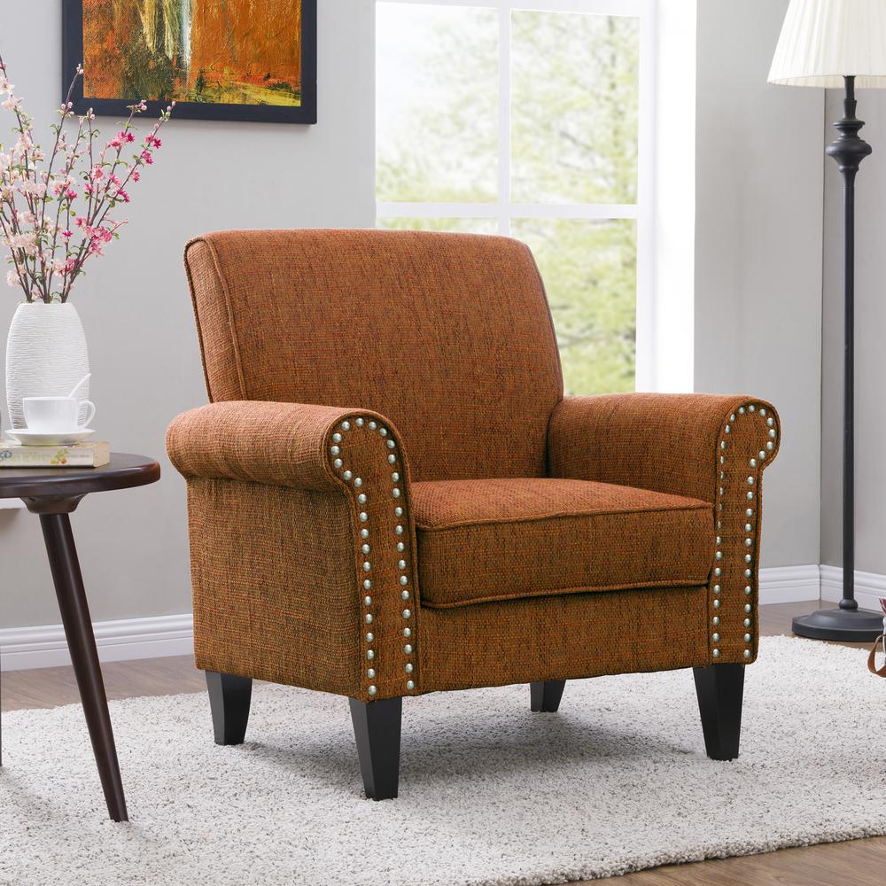 Traditional Armchair with Nailheads in Orange Tweed