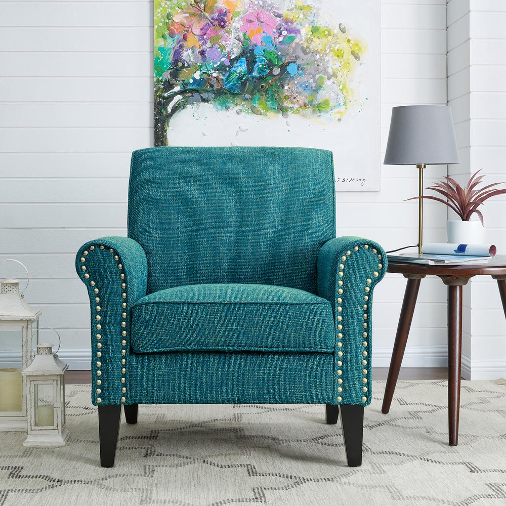 Traditional Armchair with Nailheads in Blue Tweed