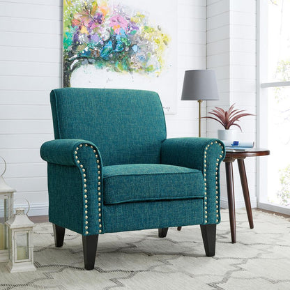 Traditional Armchair with Nailheads in Blue Tweed