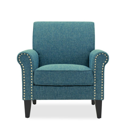 Traditional Armchair with Nailheads in Blue Tweed