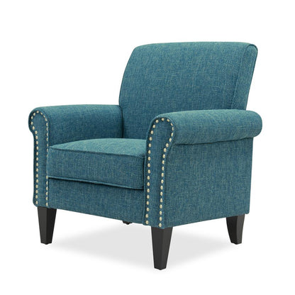 Traditional Armchair with Nailheads in Blue Tweed