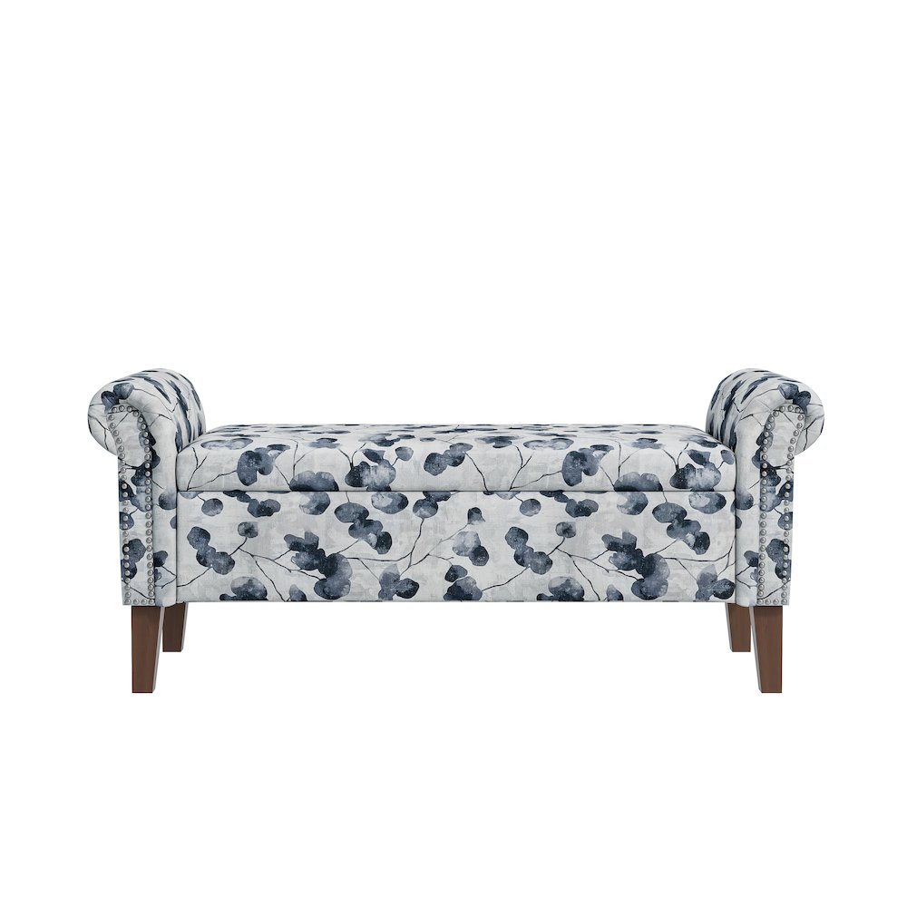 Rolled Arm Storage Ottoman in Black Floral Bonsai