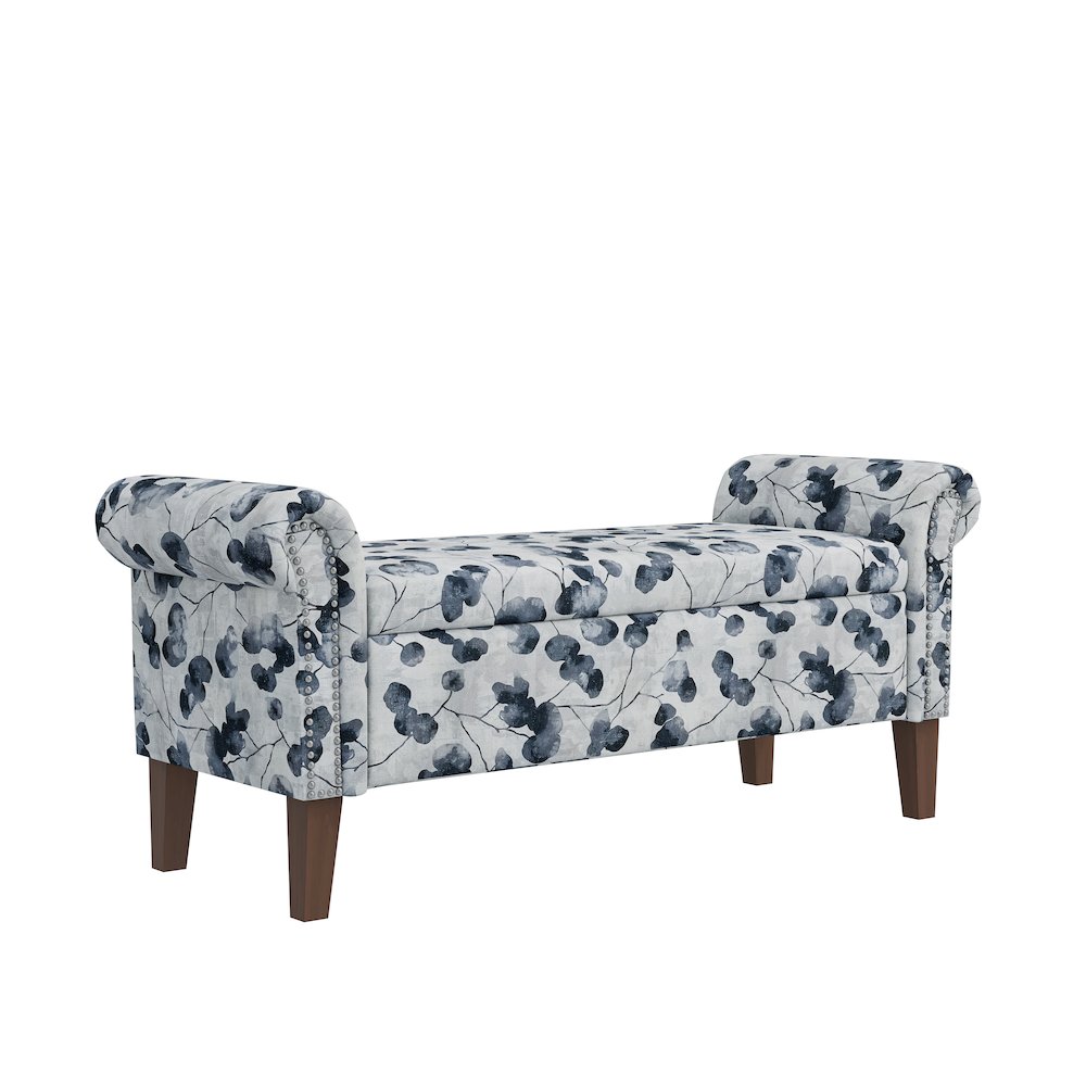 Rolled Arm Storage Ottoman in Black Floral Bonsai