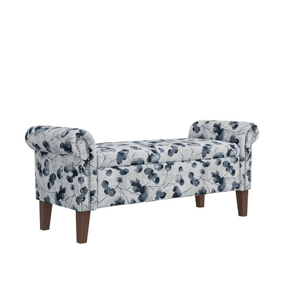 Rolled Arm Storage Ottoman in Black Floral Bonsai