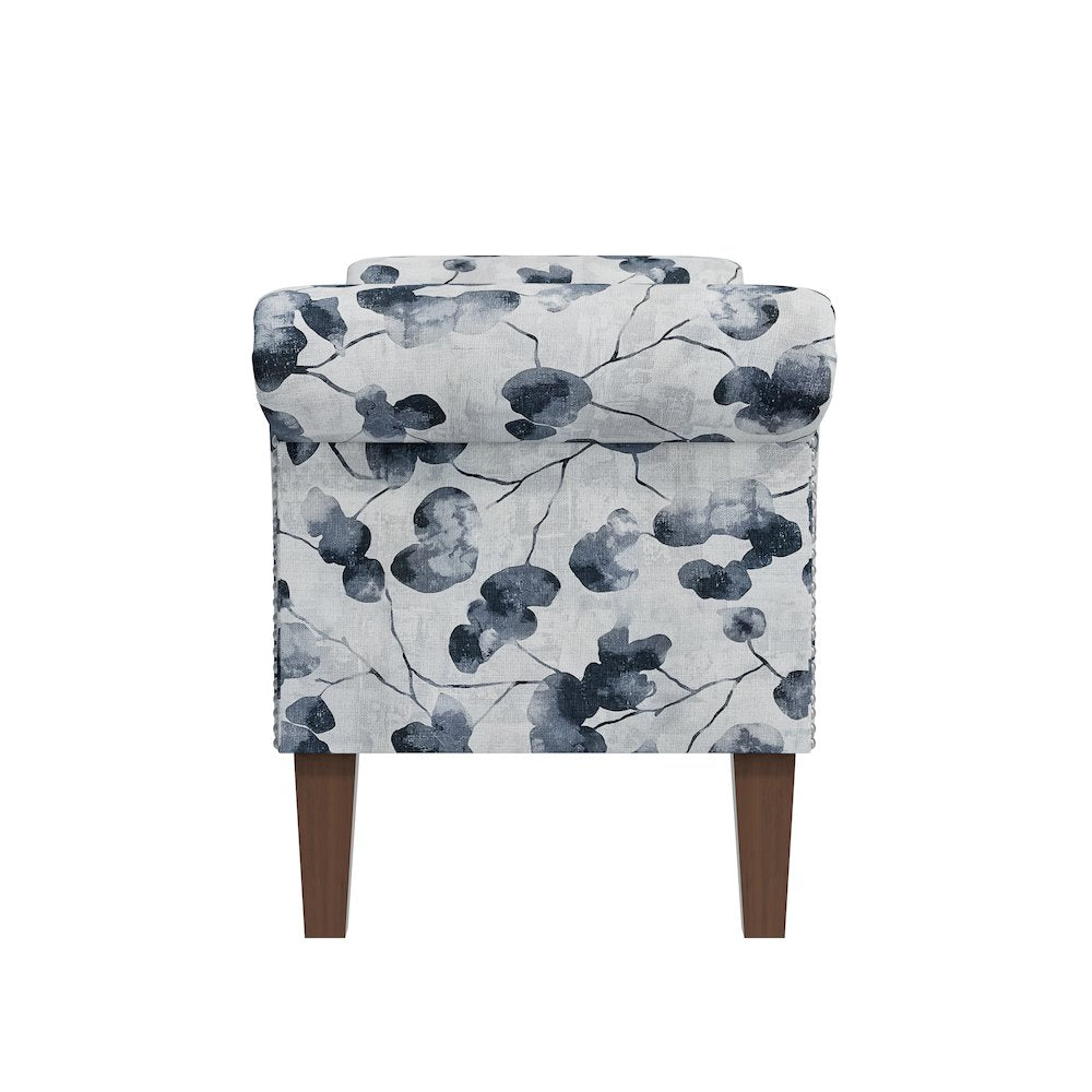 Rolled Arm Storage Ottoman in Black Floral Bonsai