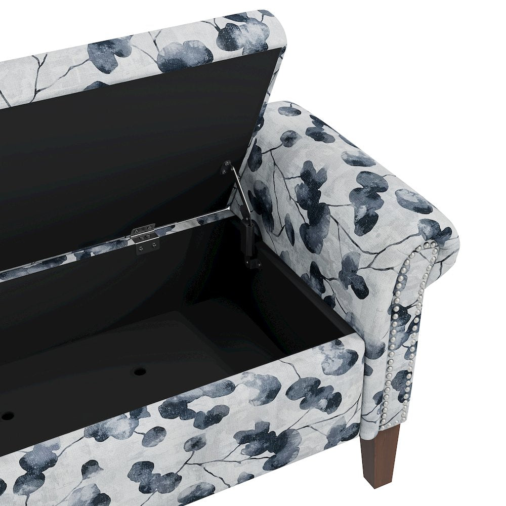 Rolled Arm Storage Ottoman in Black Floral Bonsai