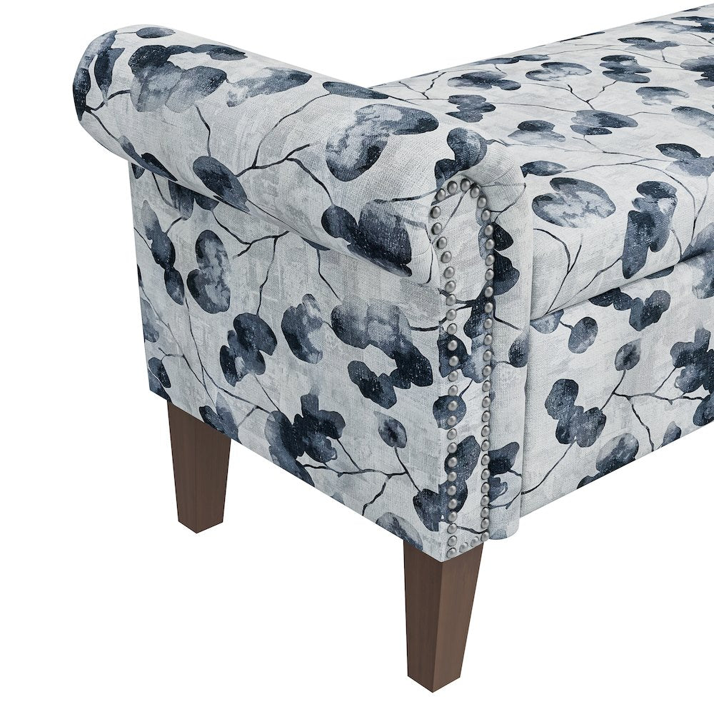 Rolled Arm Storage Ottoman in Black Floral Bonsai