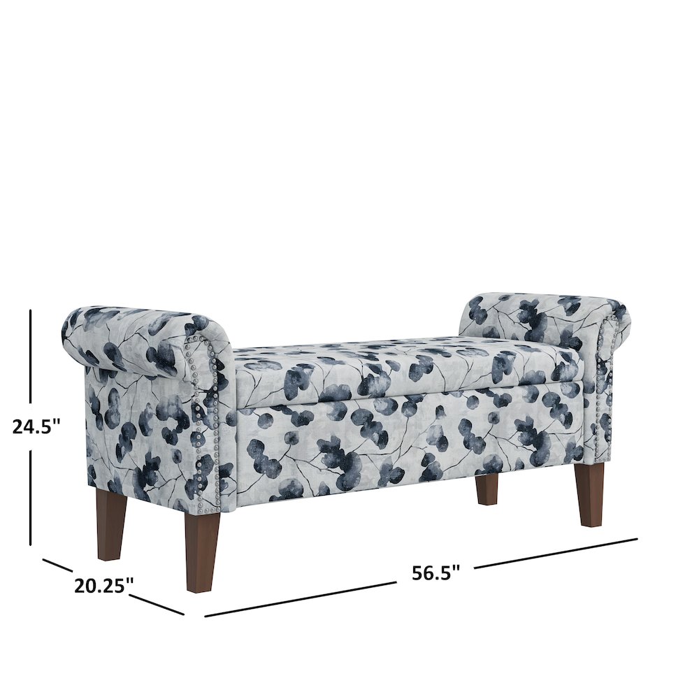 Rolled Arm Storage Ottoman in Black Floral Bonsai