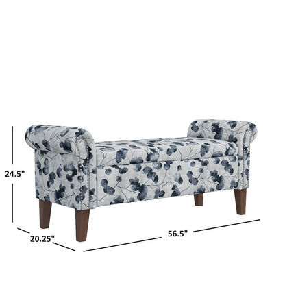 Rolled Arm Storage Ottoman in Black Floral Bonsai