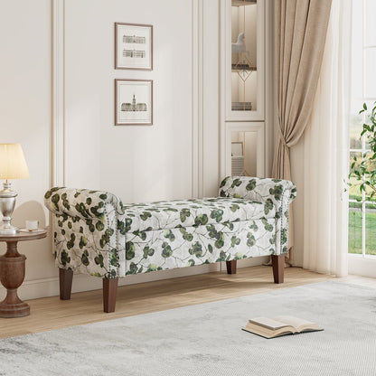 Rolled Arm Storage Ottoman in Green Floral Bonsai