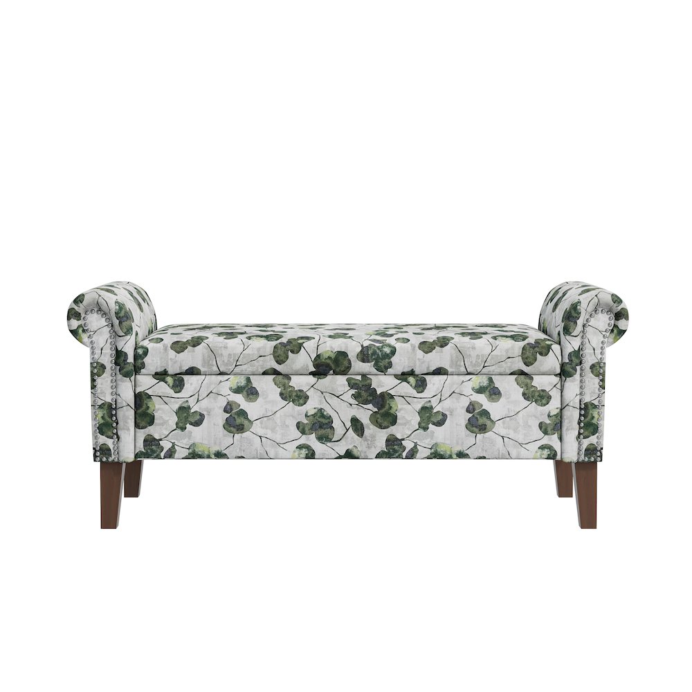 Rolled Arm Storage Ottoman in Green Floral Bonsai