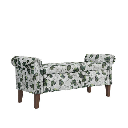 Rolled Arm Storage Ottoman in Green Floral Bonsai