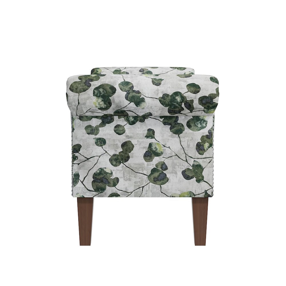 Rolled Arm Storage Ottoman in Green Floral Bonsai