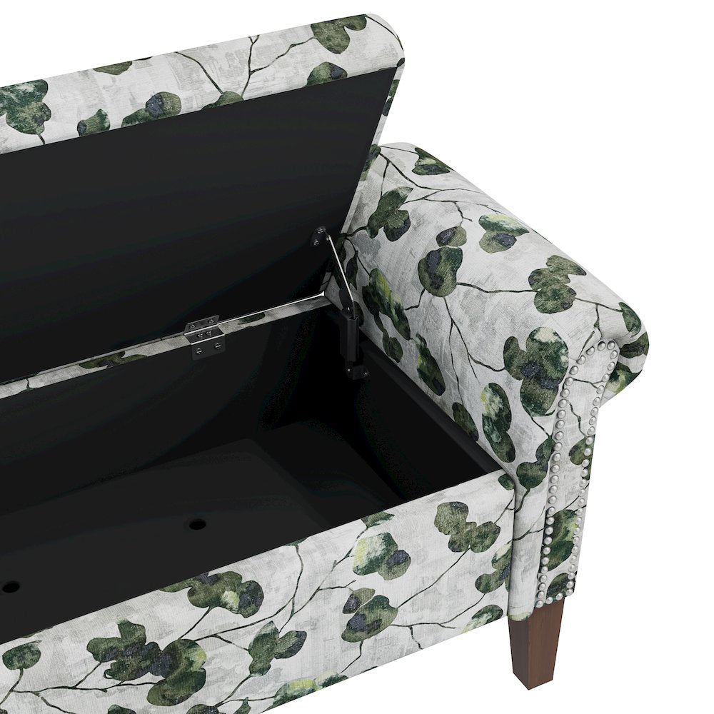 Rolled Arm Storage Ottoman in Green Floral Bonsai