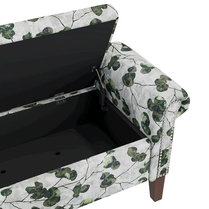 Rolled Arm Storage Ottoman in Green Floral Bonsai