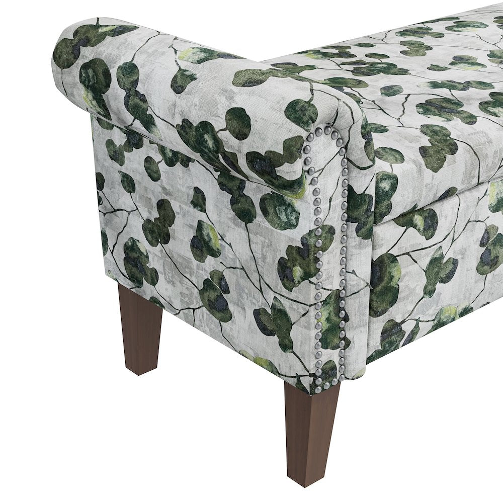 Rolled Arm Storage Ottoman in Green Floral Bonsai
