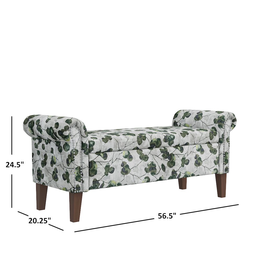 Rolled Arm Storage Ottoman in Green Floral Bonsai