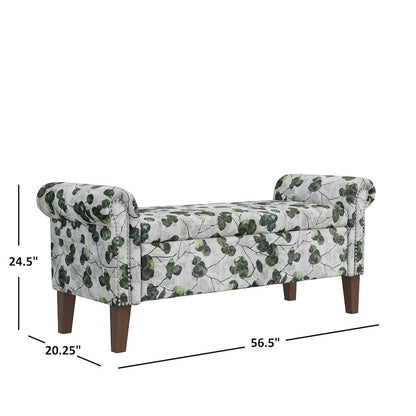 Rolled Arm Storage Ottoman in Green Floral Bonsai