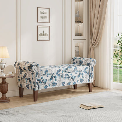 Rolled Arm Storage Ottoman in Blue Floral Bonsai