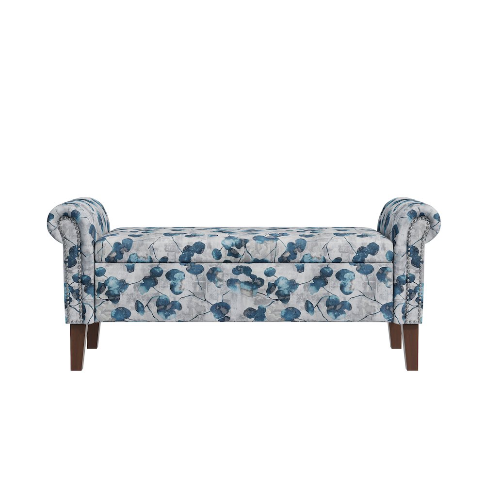 Rolled Arm Storage Ottoman in Blue Floral Bonsai
