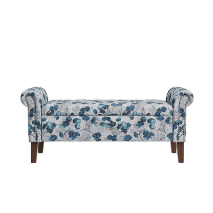 Rolled Arm Storage Ottoman in Blue Floral Bonsai