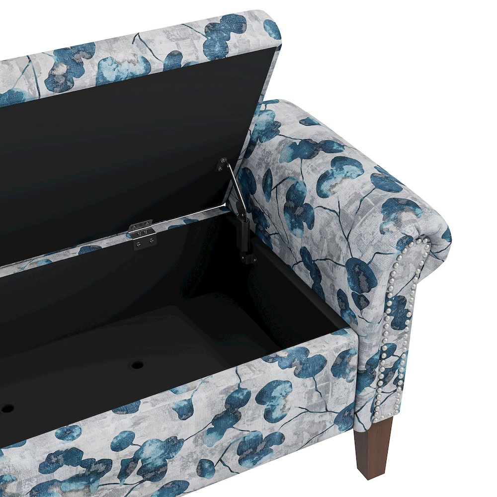 Rolled Arm Storage Ottoman in Blue Floral Bonsai